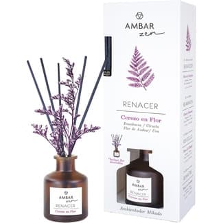 Zen Ambientador Mikado Renacer Cerezo en Flor con Frambuesa, Ciruela, Flor de Azahar y Uva Incluye Flor Decorativa Ambar