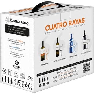 Vino Blanco Selección DO Rueda Caja 4 + 4 Copas Cuatro Rayas 75 CL