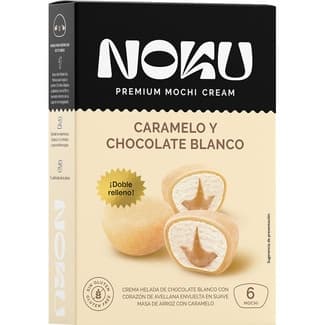 Mochi de Crema Helada de Chocolate Blanco con Corazón de Avellana Envuelta en Suave Masa de Arroz con Caramelo sin Gluten Noku 6 Unidades