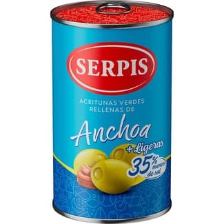Aceitunas Verdes Rellenas de Anchoa + Lígeras 35% Menos Sal sin Gluten y sin Lactosa Serpis