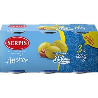 Aceitunas Rellenas de Anchoa + Ligeras 35% Menos Sal Pack 3 Serpis