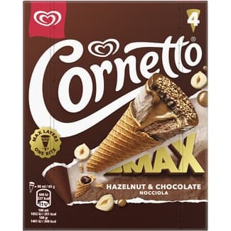 Max Conos de Helado Chocolate y Avellanas con Disco Avellanas Tostadas 4 Unidades  Cornetto 360 ML