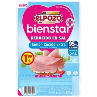 Bienstar Jamón Cocido Extra bajo en Grasa Reducido en Sal en Lonchas Finas sin Gluten y sin Lactosa Elpozo