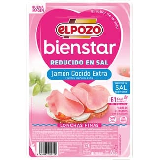 Bienstar Jamón Cocido Extra bajo en Grasa Reducido en Sal en Lonchas Finas sin Gluten sin Lactosa Elpozo