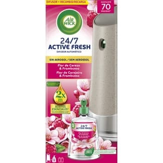 Ambientador Difusor Automático Active Fresh Flor de Cerezo & Frambuesa 24/7 + Recambio sin Aerosol AIR Wick
