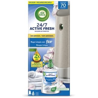 Ambientador Difusor Automático Active Fresh Ropa Limpia con Flor 24/7 sin Aerosol + Recambio AIR Wick