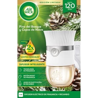 Ambientador Eléctrico Difusor Inteligente Pino del Bosque y Copos de Nieve + Recambio con Aceites Esenciales AIR Wick