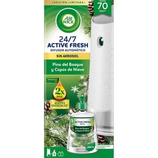 Ambientador Difusor Automático Active Fresh Pino del Bosque y Copos de Nieve 24/7 + Recambio sin Aerosol con Aceites Esenciales AIR Wick