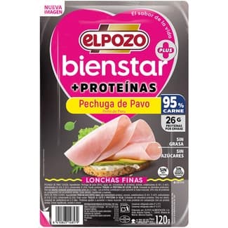 Bienstar + Proteínas Pechuga de Pavo sin Grasa sin Azúcares en Lonchas Finas sin Gluten sin Lactosa Elpozo