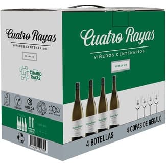 Viñedos Centenarios Vino Blanco Verdejo DO Rueda Caja 4 + 4 Copas de Regalo Cuatro Rayas 75 CL