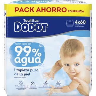 Toallitas Húmedas Infantiles Loción Ligera con 99% Agua 0% Alcohol y Perfume con 4 Paquetes de 60 Unidades Dodot