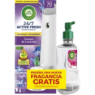 Ambientador Difusor Automático Active Fresh Campo de Lavanda 24/7 sin Aeroso + Recambio + 1 Recambio de Regalo AIR Wick