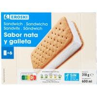 Helado Sandwich de Nata y Galleta Eroski, Pack 6x100 Ml