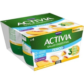 Triple Zero Bífidus con Trozos de Melocotón Desnatado 0% M.g. 0% Azúcares Añadidos Pack 4 sin Gluten sin Lactosa Danone Activia