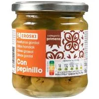 Aceitunas Gordal con Pepinillo Eroski, Frasco 180 G