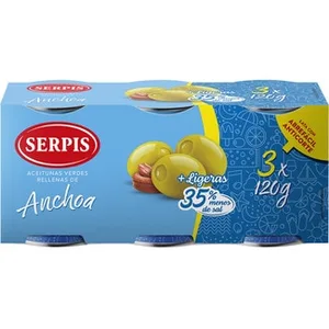 Aceitunas Rellenas de Anchoa + Ligeras 35% Menos Sal Pack 3 Serpis