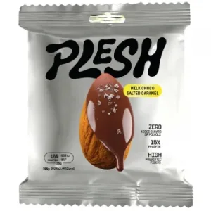 Almendras Bañadas en Chocolate con Leche y Caramelo Saladao Plesh sin Gluten y sin Azúcar Añadido 90 G.