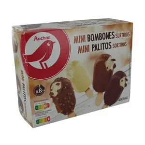 Auchan Minibombón Helado de Chocolate Blanco, con Leche, Negro y Almendrado 8 X 60 Ml. Producto Alcampo 480 ML