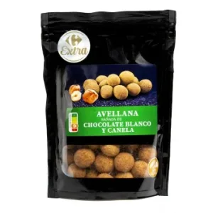 Avellanas Bañadas en Chocolate Blanco y Canela Carrefour  Extra sin Gluten Doy Pack 150 G.