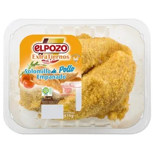 Bandeja con Solomillos de Pechuga de Pollo Marinados y Empanados, Elaborados sin Gluten el Pozo Extratiernos 415 G.