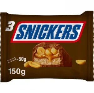 Barrita de Chocolate con Leche Rellena de Crema de Cacahuete y Caramelo Snickers Pack de 3 Unidades de 50 G.