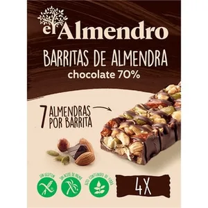 Barritas de Almendras y Chocolate Negro 70% sin Gluten y sin Aceite de Palma 4 Unidades el Almendro 100 G
