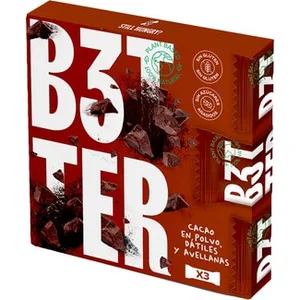 Barritas de Cacao en Polvo, Dátiles y Avellanas 3 Unidades sin Gluten  B3tter 110 G