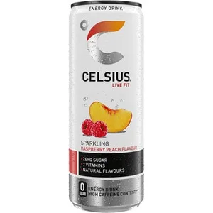Bebida Energética con Gas Sabor Frambuesa y Melocotón Zero Azúcar y 7 Vitaminas Alto Contenido en Cafeína Celsius Live FIT 35.5 CL