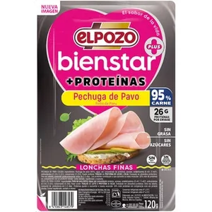 Bienstar + Proteínas Pechuga de Pavo sin Grasa sin Azúcares en Lonchas Finas sin Gluten sin Lactosa Elpozo