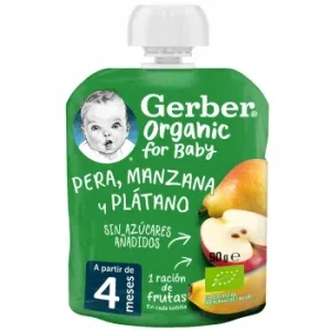 Bolsita de Pera, Manzana y Plátano desde 4 Meses Ecológica Gerber sin Gluten y sin Azúcar Añadido 90 G.