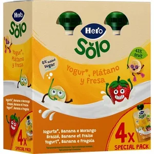 Bolsita de Yogur con Plátano y Fresa sin Gluten desde 12 Meses Pack 4 0% Azúcar Añadido Hero Solo