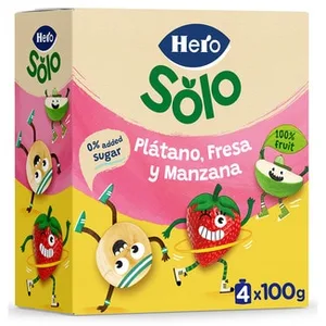 Bolsitas de Plátano, Fresa y Manzana sin Gluten desde 12 Meses 0% Azúcares Añadidos Pack 4 Hero Solo 100 G