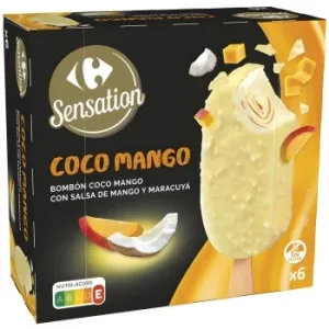Bombón Helado Coco Mango con Salsa de Mango y Maracuyá Carrefour Sensation sin Gluten 6 Uds.