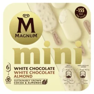 Bombón Mini Helado de Vainilla Recubierto con Chocolate Blanco Almond Magnum sin Gluten 6 Ud.