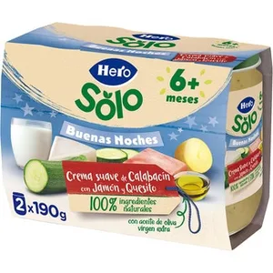 Buenas Noches Tarritos de Crema Suave de Calabacín con Jamón y Quesito Pack 2 desde 6 Meses, sin Gluten Hero Solo