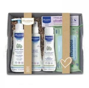 Canastilla Mustela: Colonia 200 Ml, Gel-champú 200 Ml, Leche Corporal 300 Ml, Crema Bálsamo 50 Ml y Toallitas 70 Ud.