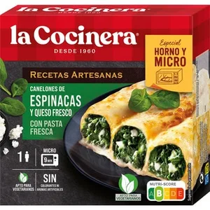 Canelones de Espinacas y Queso Fresco para Horno o Micro 1 Ración  la Cocinera 280 G