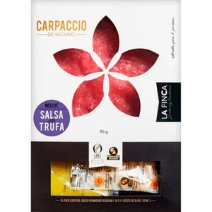 Carpaccio de Vacuno Marinado con Salsa de Trufa sin Gluten + Queso Parmigiano Reggiano 15 G + Aceite de Oliva Virgen Extra 20 Ml la Finca