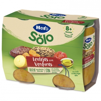 Tarrito de Lentejas con Verduras desde 8 Meses Recetas Caseras Hero Baby sin Gluten Pack de 2 Unidades de 190 G.