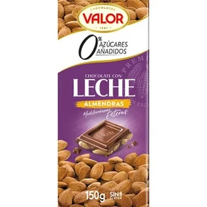 Chocolate con Leche y Almendras Mediterráneas Enteras 0% Azúcares Añadidos y sin Gluten Valor 150 G