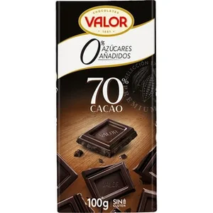 Chocolate Negro 70% Cacao 0% Azúcares Añadidos y sin Gluten Valor 100 G