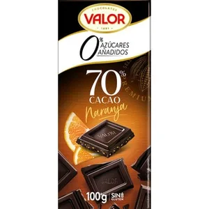 Chocolate Negro 70% Cacao con Naranja 0% Azúcares Añadidos y sin Gluten Valor 100 G