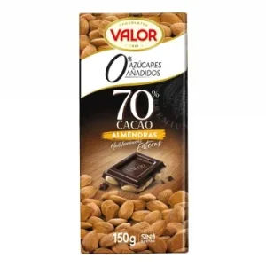 Chocolate Negro 70% con Almendras Enteras y Stevia sin Azúcar Añadido Valor sin Gluten 150 G.