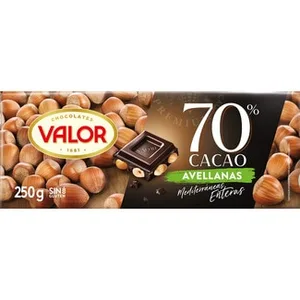Chocolate Negro 70% con Avellanas Mediterráneas Enteras y sin Gluten  Valor 250 G