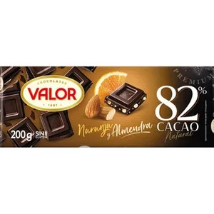 Chocolate Negro 82% Cacao Natural con Naranja y Almendra sin Gluten  Valor 200 G