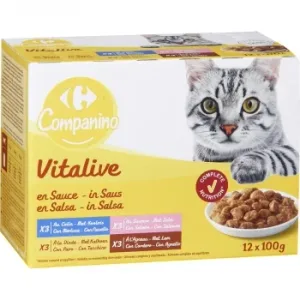 Comida Húmeda Bocaditos de Carne y Pescado en Salsa para Gatos Vitalive Carrefour 12 Sobres de 100 G