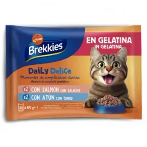 Comida Húmeda en Gelatina Salmón y Atún para Gatos Adultos Daily Delice Brekkies 4x85 G