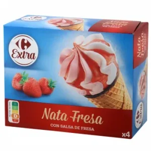 Conos con Helado de Nata y Fresa con Salsa de Fresa Carrefour 4 Ud.