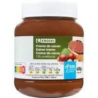 Crema Cacao 1 Sabor 13% Avellana sin Palma Eroski, Frasco 400 G