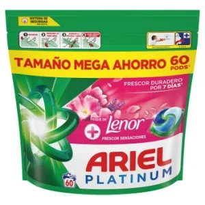 Detergente en Cápsulas +toque de Lenor Frescor Sensaciones Platinum Ariel 60 Lavados.